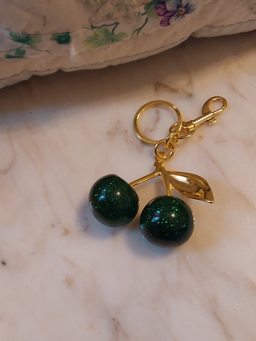 NWOT Green Resin Cherries Bag Charm, Large Goldtone Key Chain - Picture 5 of 7